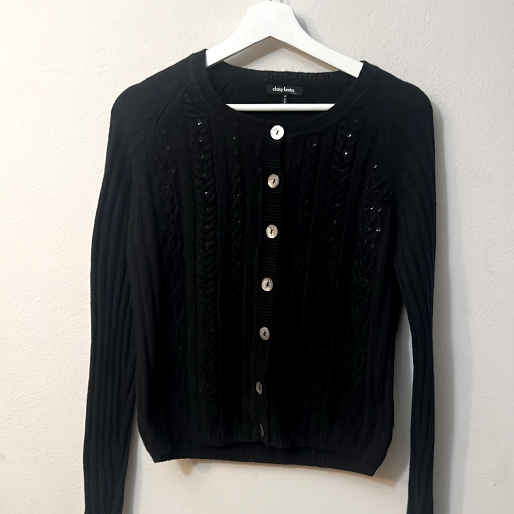 Daisy Fuentes black cardigan size M Rayon, nylon, cotton, angora rabbit hair.